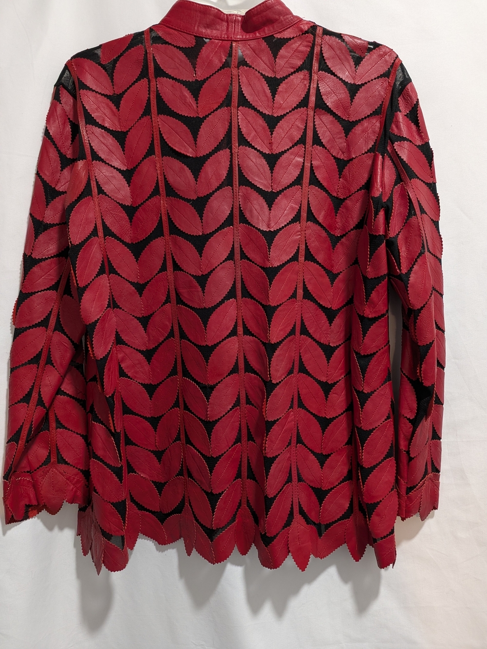 Red Leather Leaf-Pattern Zip Jacket - Picture 2 of 5